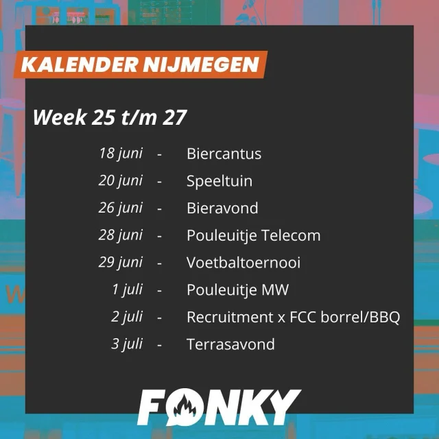 Tijd voor een nieuwe kalender! De zomer komt eraan en dat betekent natuurlijk een bomvolle planning. We trappen de week vanavond af met een biercantus!🍺 En vrijdag vieren we allemaal de verjaardag van Speeltuin!  Volgende week is het eindelijk tijd voor het voetbal toernooi. Zijn jullie er allemaal al klaar voor? Wij hebben er in ieder geval heeel veeel zin in!!⚽️  De week erna vindt het pouleuitje van mw plaats en hebben we een gezamenlijke borrel met Recruitment voor recruitment!🥰 #fonky #fonkyfamily #eventkalender